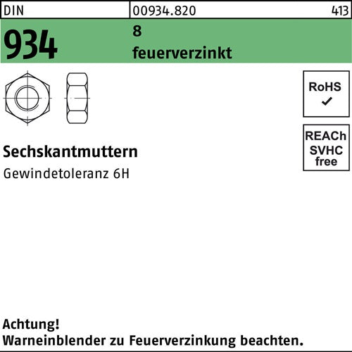 Sechskantmutter DIN 934 M 20 8 feuerverzinkt 25 Stück
