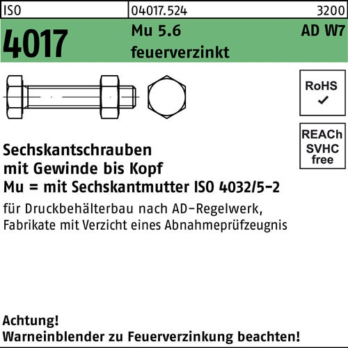 Sechskantschraube ISO 4017 VG Mutter M20x 70 56 AD W7 feuerverz 25Stück - VPE: 25