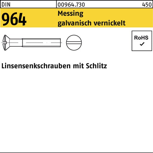 Linsensenkschraube DIN 964 Schlitz M 6 x 10 Messing galvanisch vernickelt 200 Stück
