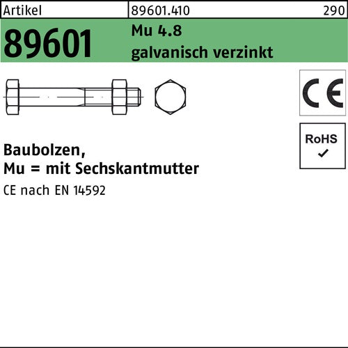 Baubolzen R 89601 CE 6-ktmutter M16x 480 Mu 48 galvverz 15 Stück - VPE: 15