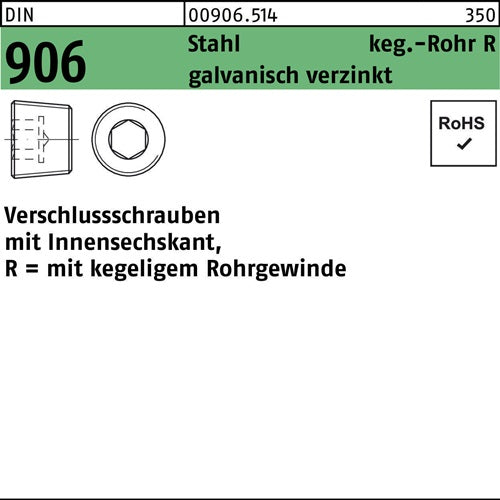 Verschlußschraube DIN 906 mInnen-6-kant R 3/4 Stahl galvanisch verzinkt 25 Stück