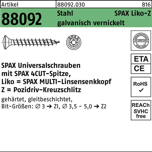 Schraube R 88092 LIKO/PZ 35x16/12-Z Stahl galv vernickelt 1000St SPAX - VPE: 1000