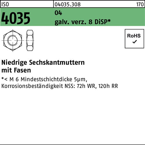 Sechskantmutter ISO 4035 niedrig Fasen M3 Automatenstahl verz 8 DiSP 1000St - VPE: 1000