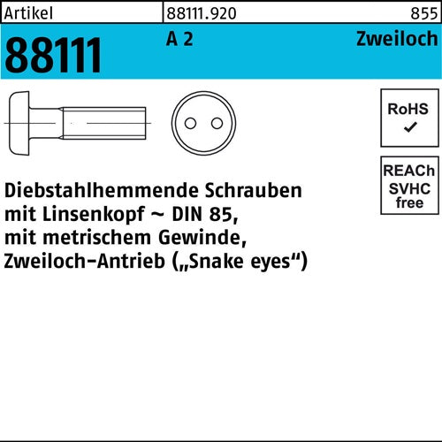 Schraube R 88111 diebstahlhemmend Liko/Zweiloch M4x 16 A 2 100 Stück - VPE: 100