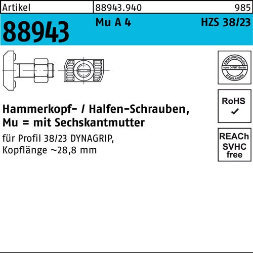 Hammerkopfschraube R 88943 6-ktmutter M16x 80 Mu A 4 25 Stück HALFEN - VPE: 25