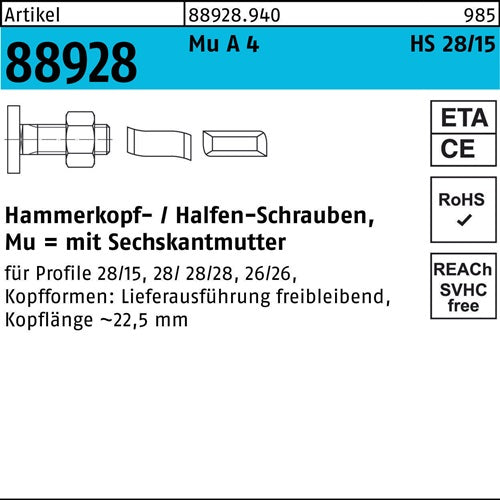 Hammerkopfschraube R 88928 28/15 6-ktmutter M10x 80 Mu A 4 25St HALFEN - VPE: 25