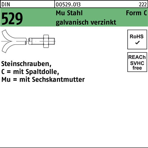 Steinschraube DIN 529 mSpaltdolle/6-kantmutter CM 12 x 300 Mu 36 galvanisch verzinkt 25 Stück