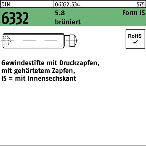 Gewindestift DIN 6332 Form IS Zapfen/Innen-6kt IS M6x50 58 brüniert 10St - VPE: 10