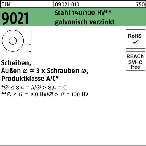 Unterlegscheibe DIN 9021 84x 24x2 Stahl 140/100 HV galvverz 500 Stück - VPE: 500