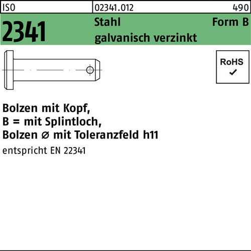 Bolzen ISO 2341 mKopf/Splintloch B 10 x60 x56 Stahl galvanisch verzinkt 10 Stück