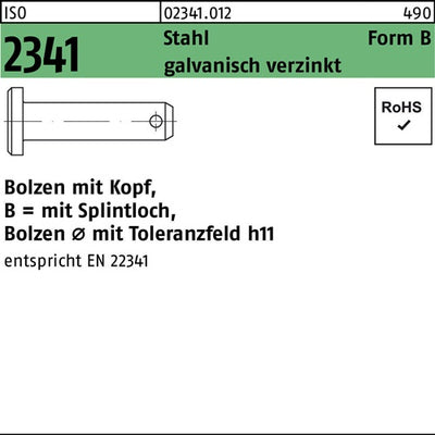 Bolzen ISO 2341 mKopf/Splintloch B 8 x50 x455 Stahl galvanisch verzinkt 100 Stück