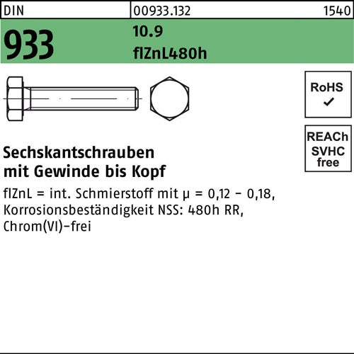 Sechskantschraube DIN 933 VG M24x 40 109 flZnL/nc/x/x/480h/C 25 Stück - VPE: 25