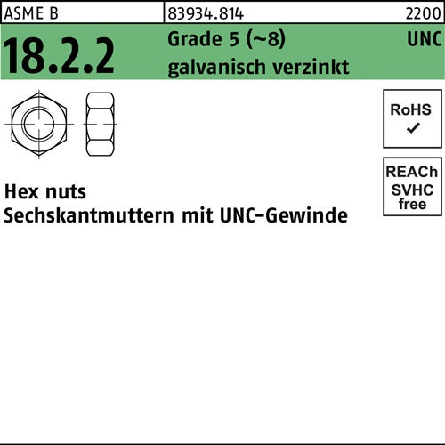 Sechskantmutter R 83934 UNC-Gewinde 7/16 Grade 5 (~8) galvverz 100St - VPE: 100
