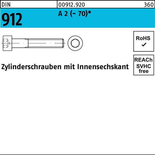 Zylinderschraube DIN 912 Innen-6kt M6x 140 A 2 (- 70) 50 Stück - VPE: 50