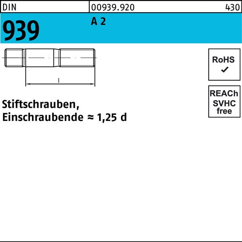 Stiftschraube DIN 939 M 8 x 45 A 2 Einschraubende=125d 25 Stück