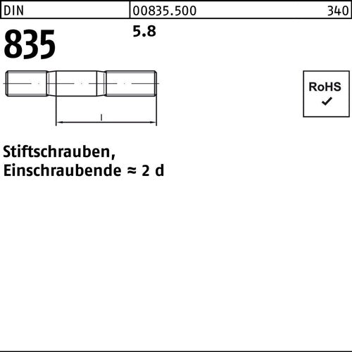 Stiftschraube DIN 835 M 12 x 45 58 Einschraubende=2d 50 Stück