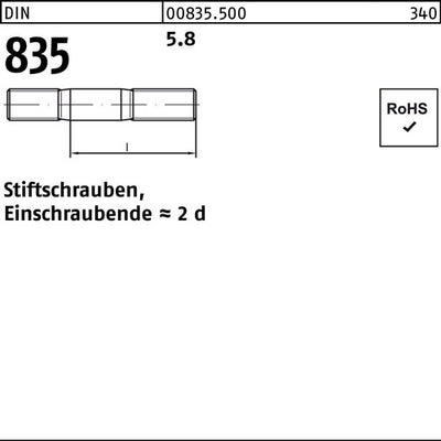 Stiftschraube DIN 835 M 8 x 25 58 Einschraubende=2d 100 Stück