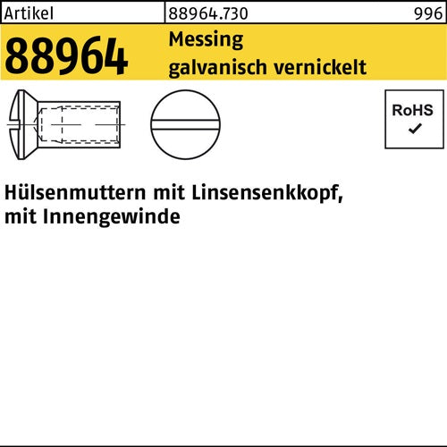 Hülsenmutter R 88964 Liko IG M4x 12 Messing galv vernickelt 200 Stück - VPE: 200