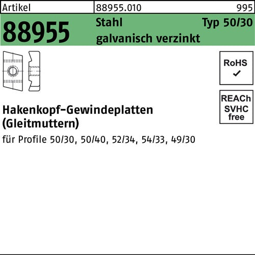 Hakenkopfgewindeplatte R 88955 Typ 50/30 M16 Stahl galvverz 50 Stück - VPE: 50
