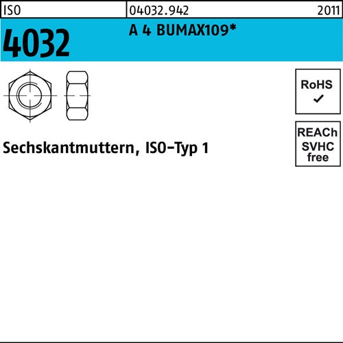 Sechskantmutter ISO 4032 M8 A 4 BUMAX109 100 Stück BUFAB - VPE: 100