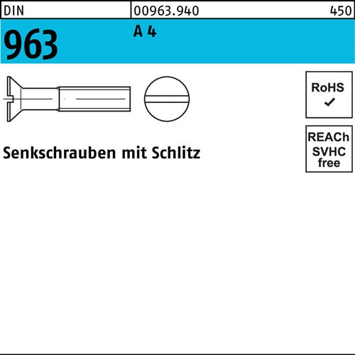 Senkschraube DIN 963 Schlitz M 12 x 40 A 4 25 Stück