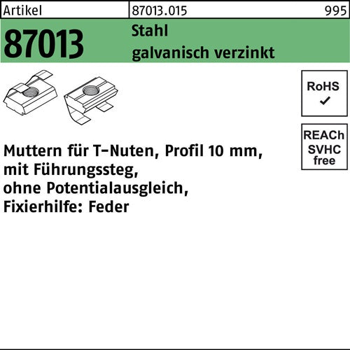 T-Nutenmutter R 87013 mFührungssteg/oPotentialausgl 10mm M 8 Stahl galvanisch verzinkt 100 Stück