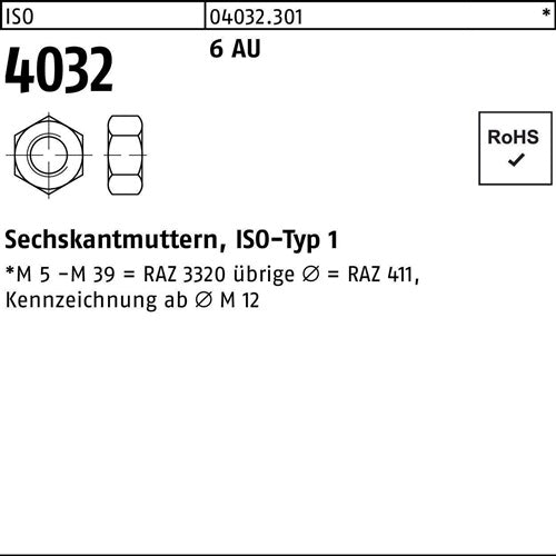 Sechskantmutter ISO 4032 M17 6 Automatenstahl 100 Stück - VPE: 100