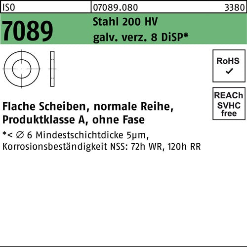 Unterlegscheibe ISO 7089 oFase 30 Stahl 200 HV galvverz 8 DiSP 100St - VPE: 100