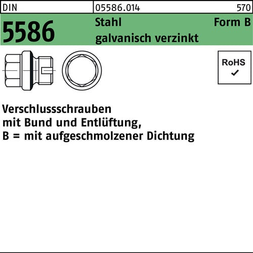 Verschlußschraube DIN 5586 Form B BG 3/4 A + Entlüftung Stahl gal Zn 25 Stück