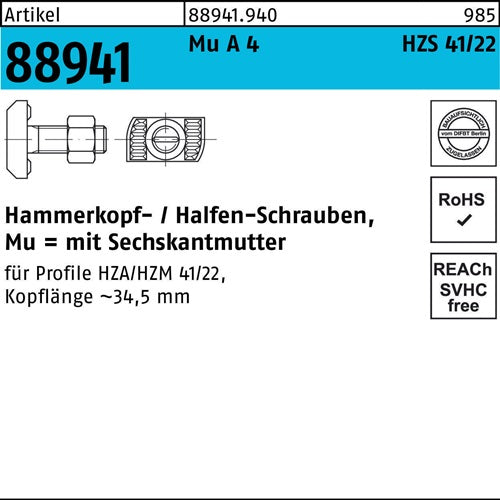Hammerkopfschraube R 88941 HZS41/22 6-ktmutter M16x50 Mu A 4 25St HALFEN - VPE: 25