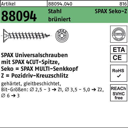 Schraube R 88094 SEKO Spitze/PZ 4x25/20-Z Stahl brüniert 1000St SPAX - VPE: 1000