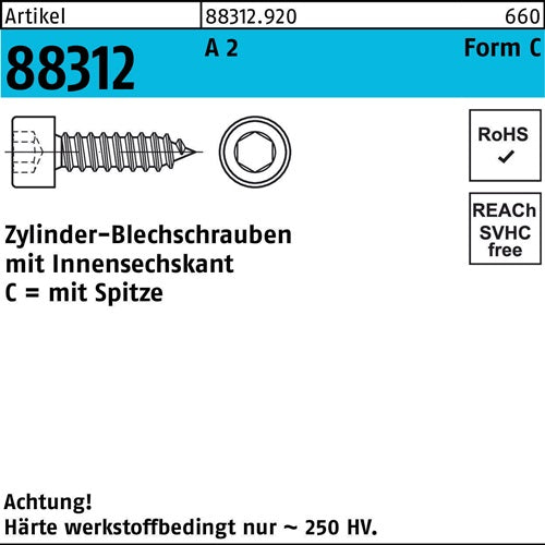 Zylinderblechschraube R 88312 Spitze/Innen-6kt C 48x 70 A 2 200 Stück - VPE: 200