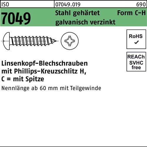 Blechschraube ISO 7049 LIKO Spitze/PH C63x32-H Stahl gehärtet galvverz 100St - VPE: 100
