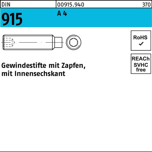 Gewindestift DIN 915 Zapfen/Innen-6kt M16x 40 A 4 10 Stück - VPE: 10