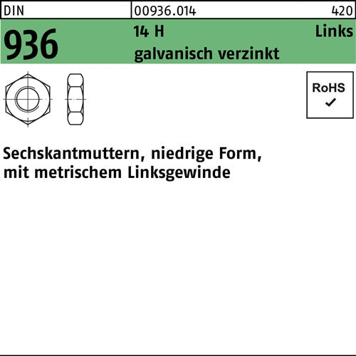 Sechskantmutter DIN 936 links M 16 -LH 14 H galvanisch verzinkt 50 Stück