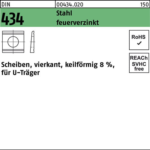 U-Scheibe DIN 434 vierkant keilförmig 9 Stahl feuerverzinkt Neigung 8% 100 Stück