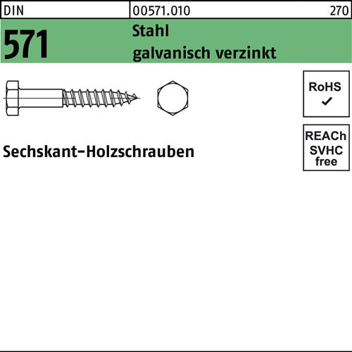 Sechskantholzschraube DIN 571 10 x 50 Stahl galvanisch verzinkt 100 Stück