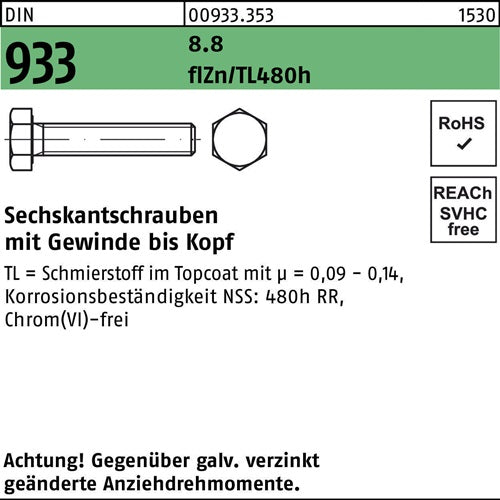 Sechskantschraube DIN 933 VG M 6 x 16 88 zinkbesch Gleitmittel flZnnc 480h-L 500 Stück
