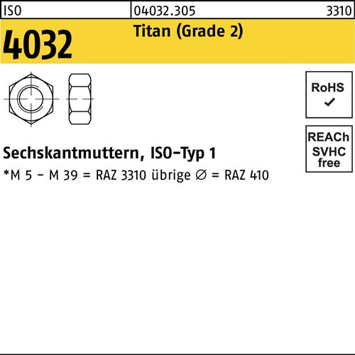 Sechskantmutter ISO 4032 M8 Titan (Grade 2) 50 Stück - VPE: 50