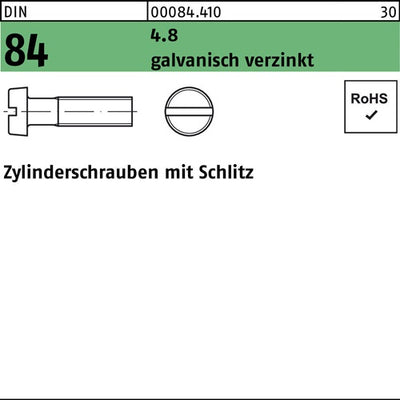 Zylinderschraube DIN 84/ISO 1207 Schlitz M 4 x 22 48 galvanisch verzinkt 1000 Stück