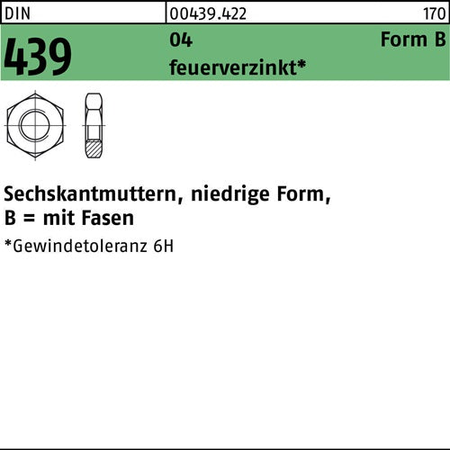 Sechskantmutter DIN 439 Form B BM 12 Automatenstahl feuerverzinkt 100 Stück