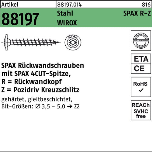 Rückwandschraube R 88197 Spitze/PZ 45x25/22-Z Sta galvverz WIROX 2000St SPAX - VPE: 2000