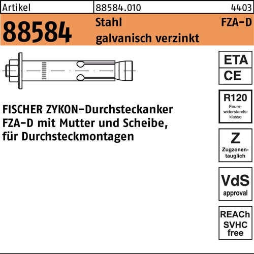 Durchsteckanker R 88584 ZYKON FZA-D 14x 80 M10D/20 Sta galvverz 10St FISCHER - VPE: 10