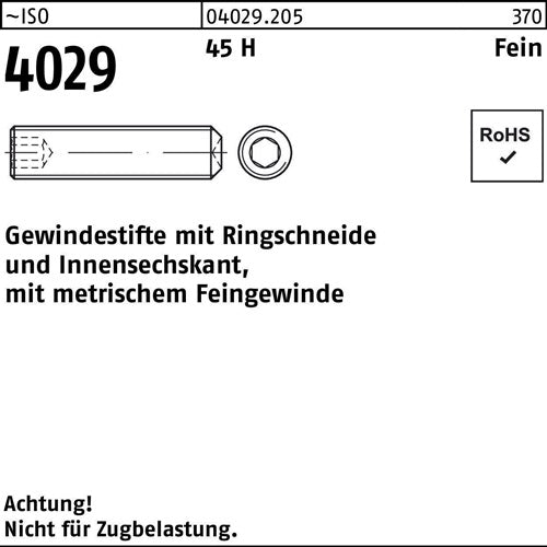 Gewindestift ISO 4029 Ringschneide/Innen-6kt M10x1x16 45 H Feingew 200St - VPE: 200