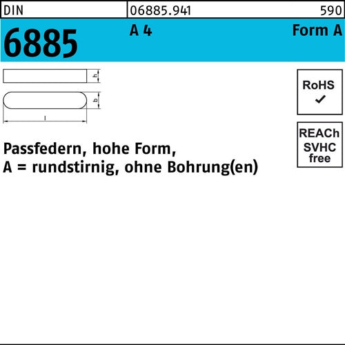 Passfeder DIN 6885 FormA rundstirnig/oBohrung A 12x 8x 60 A 4 10 Stück - VPE: 10
