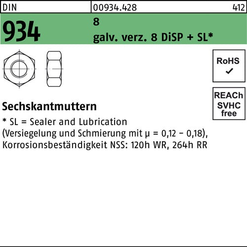 Sechskantmutter DIN 934 M 14 gal Zn 8 DiSP + SL 100 Stück