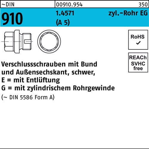 Verschlußschraube DIN 910-2 mBund/Außen-6-kant EG 1/2 A A5 / 14571 mEntlüftung 1 Stück