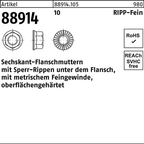 Sechskantflanschmutter R 88914 Sperr-Ripp M14x 15 10 100 Stück - VPE: 100