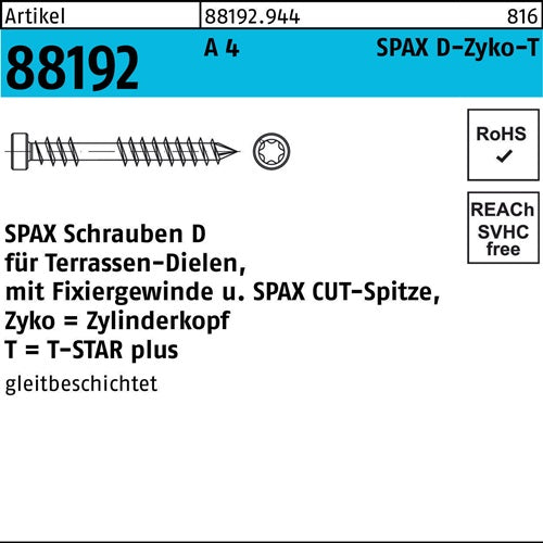 Holzbauschraube R 88192 Zylinderkopf T-STAR 6 x1/40 -T A 4 mCUT-Sp 1 Stück SPAX