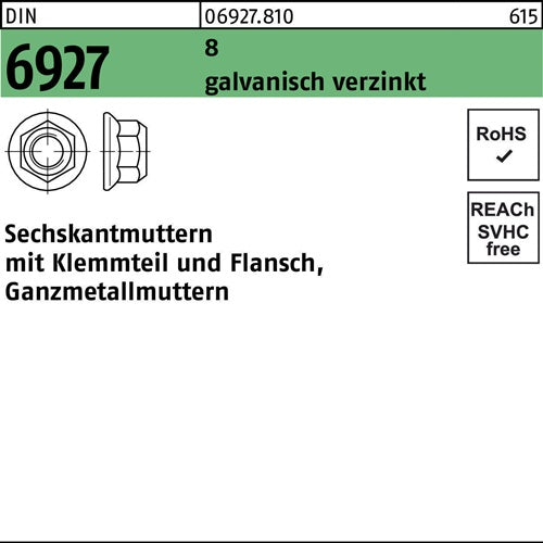 Sechskantmutter DIN 6927 Klemmteil/Flansch M8 8 galvverz 100 Stück - VPE: 100